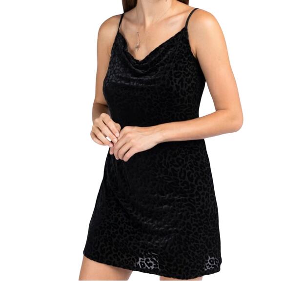 SHEIN Black Velvet Leopard Print Cowl Neck Mini Slip Dress Size Small - Picture 1 of 12